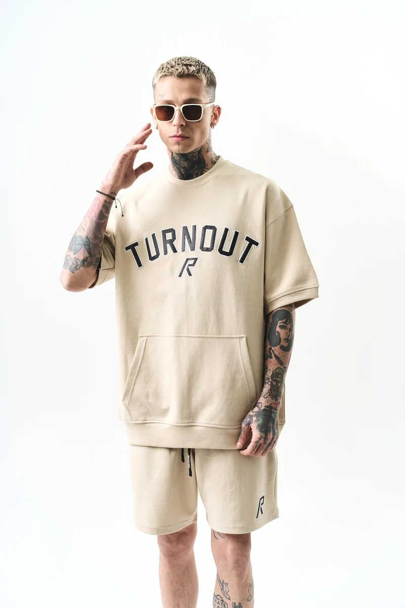 RESPIRE Turnout Embroidered Interlock Oversize Shorts Set, Beige