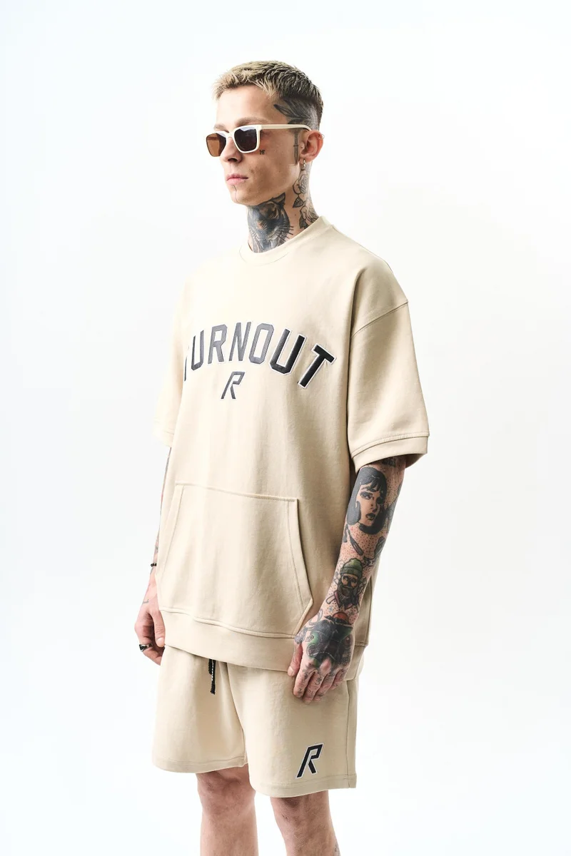 RESPIRE Turnout Embroidered Interlock Oversize Shorts Set, Beige