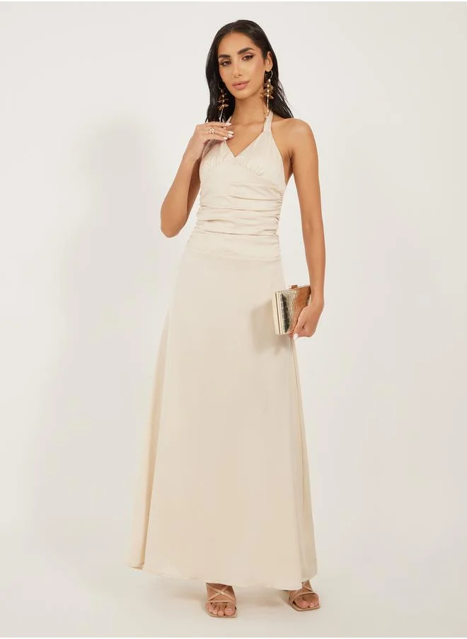 لوكس ويف Solid Ruched Halter Neck A-Line Maxi Dress