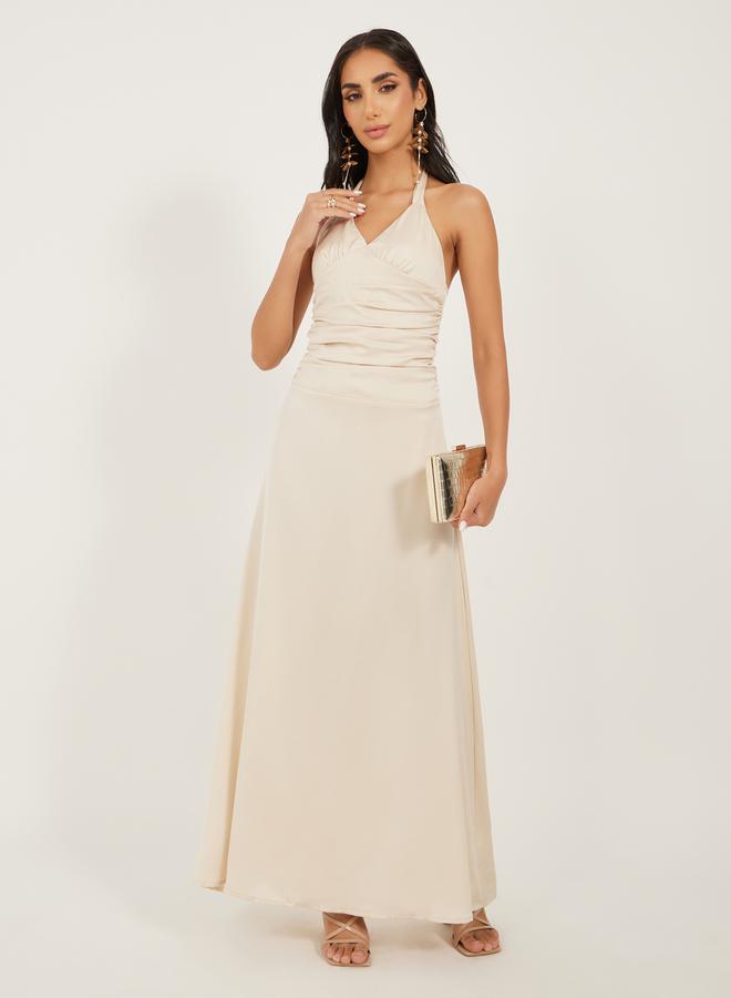 Take Two Solid Ruched Halter Neck A-Line Maxi Dress - Image 1