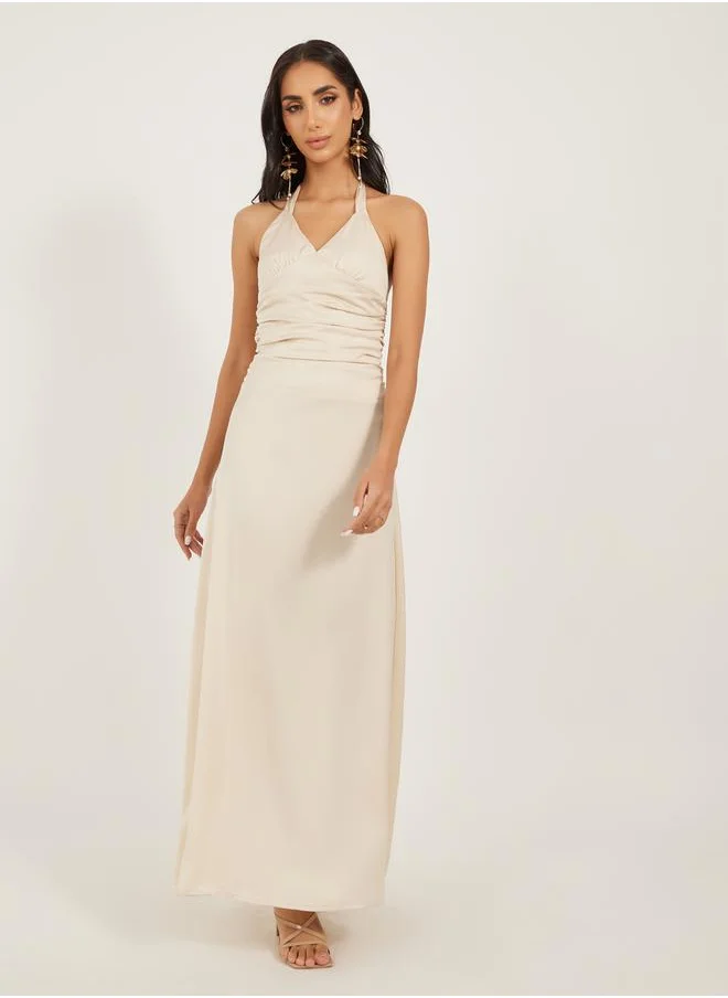 لوكس ويف Solid Ruched Halter Neck A-Line Maxi Dress