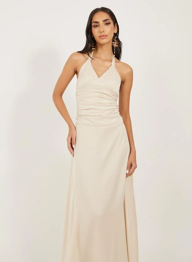 Take Two Solid Ruched Halter Neck A-Line Maxi Dress by Styli