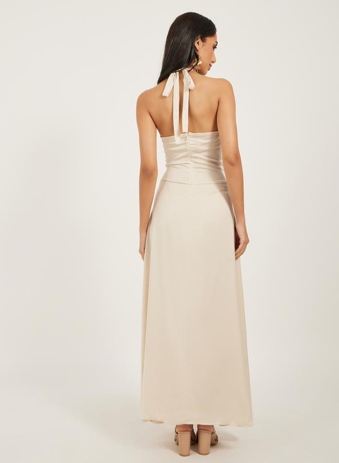 Take Two Solid Ruched Halter Neck A-Line Maxi Dress - Image 5