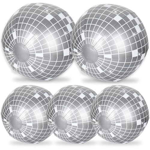 Whaline 5Pcs Inflatable Disco Beach Ball 24 16 Inch Round Pool PVC Balls Disco Theme Party Decoration for Indoor Outdoor Summer Beach Sports Theme Party Decor Silver - Image 1
