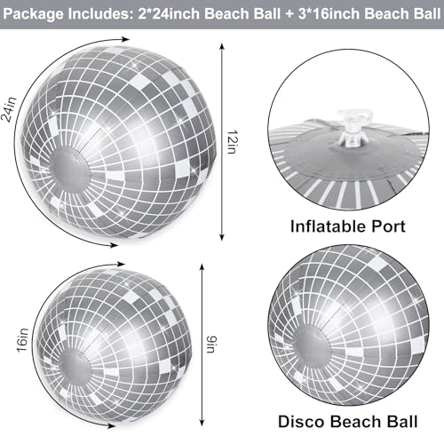 Whaline 5Pcs Inflatable Disco Beach Ball 24 16 Inch Round Pool PVC Balls Disco Theme Party Decoration for Indoor Outdoor Summer Beach Sports Theme Party Decor Silver - Image 3