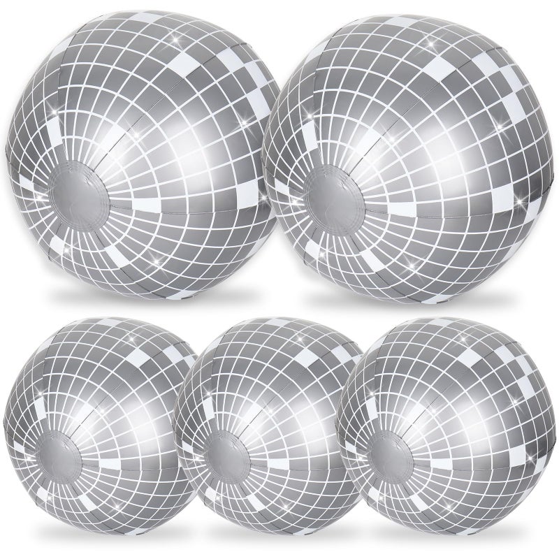 Whaline 5Pcs Inflatable Disco Beach Ball 24 16 Inch Round Pool PVC Balls Disco Theme Party Decoration for Indoor Outdoor Summer Beach Sports Theme Party Decor Silver - Image 2