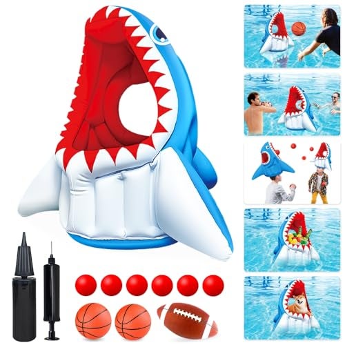Ynanimery Pool Game Toys Pool Floats Shark Water Toys 3in1 Inflatable Basketball Hoop Football Head Hoop Ball Games Great Gifts for Kids Adults Indoor Outdoor Summer Beach Family Birthday Cool Party - Image 1