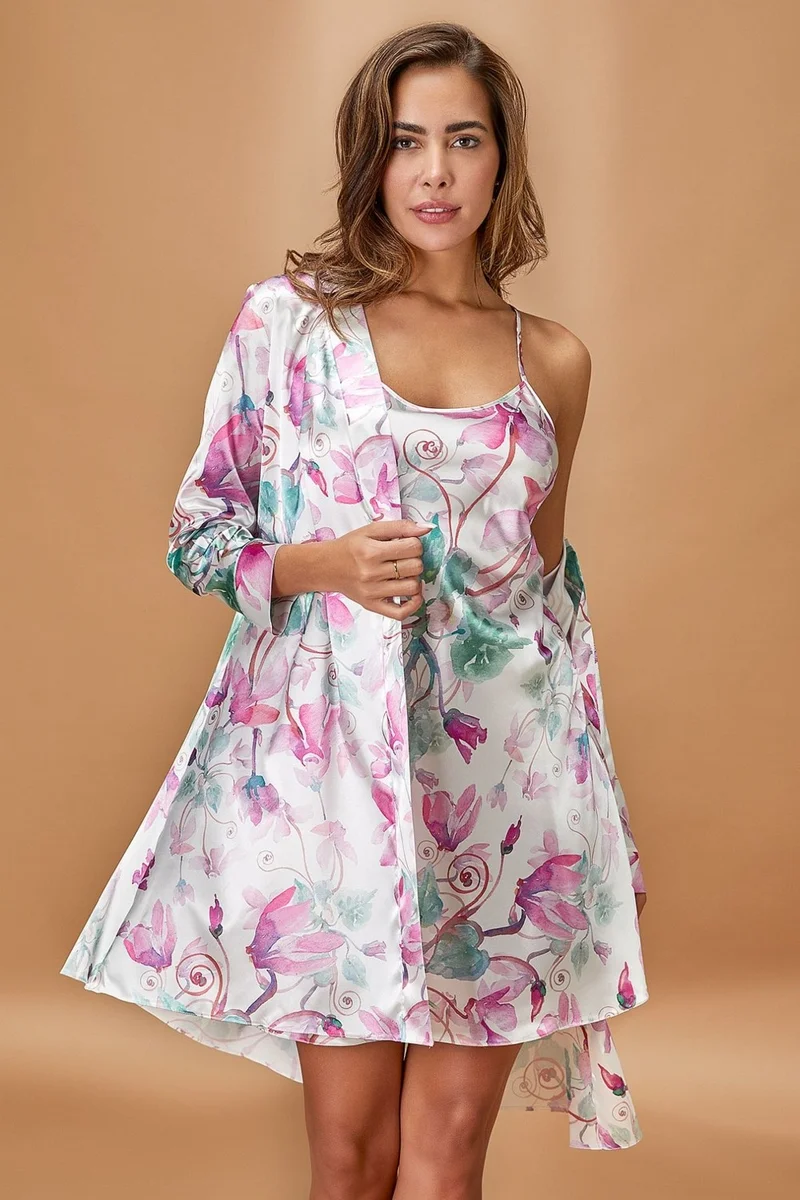 نورتيكس 5354X Women's Satin Large Size Rope Strap Nightgown Dressing Gown Set-Fuchsia