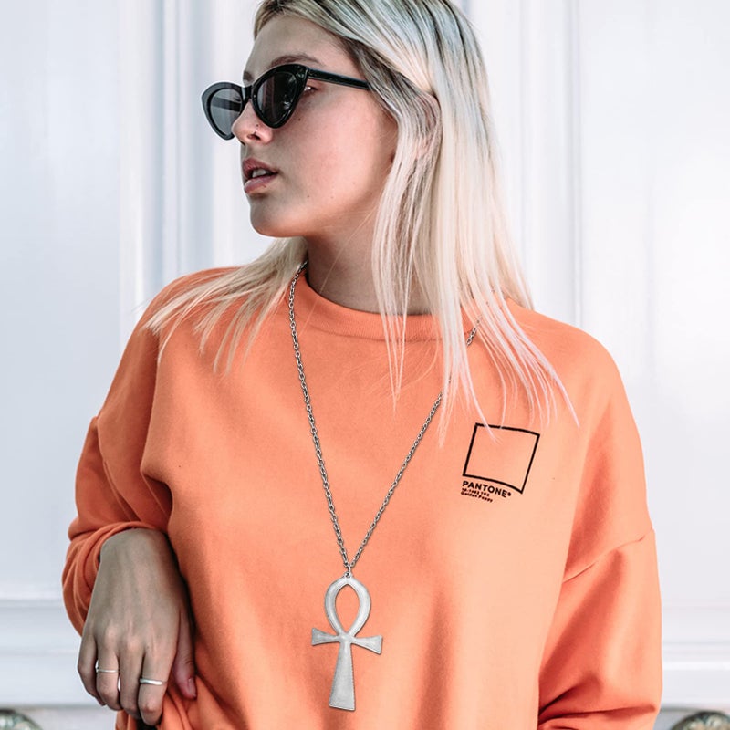 RechicGu Vintage Ancient Egyptian Cleopatra Coptic Symbol of Life Big Ankh Cross Pendant Long Chain Gothic Necklace,34" Retro Silver - Image 5