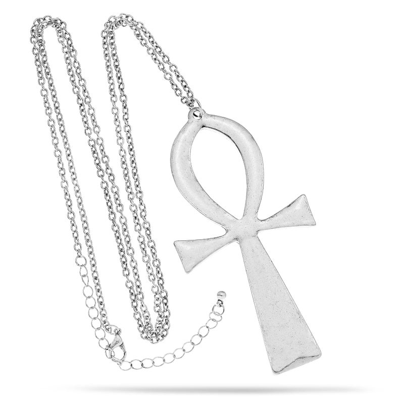 RechicGu Vintage Ancient Egyptian Cleopatra Coptic Symbol of Life Big Ankh Cross Pendant Long Chain Gothic Necklace,34" Retro Silver - Image 1