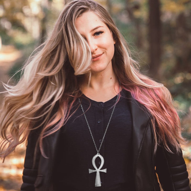 RechicGu Vintage Ancient Egyptian Cleopatra Coptic Symbol of Life Big Ankh Cross Pendant Long Chain Gothic Necklace,34" Retro Silver - Image 4