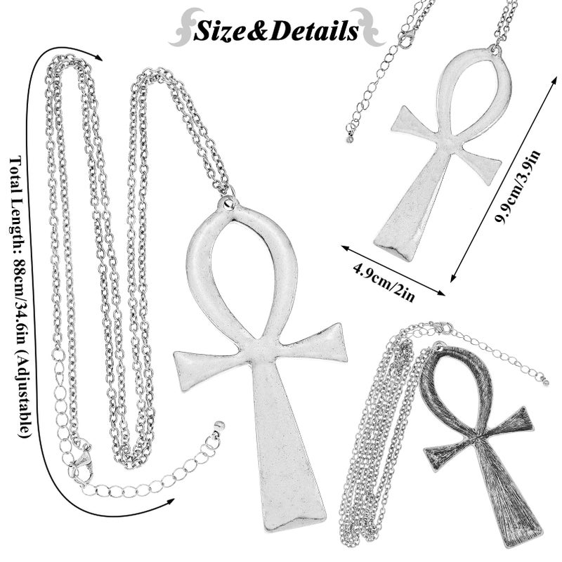 RechicGu Vintage Ancient Egyptian Cleopatra Coptic Symbol of Life Big Ankh Cross Pendant Long Chain Gothic Necklace,34" Retro Silver - Image 3