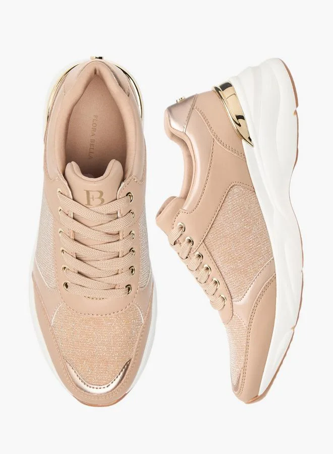 Flora Bella By Shoexpress Women Glitter Textured Sneakers with Lace-Up Closure