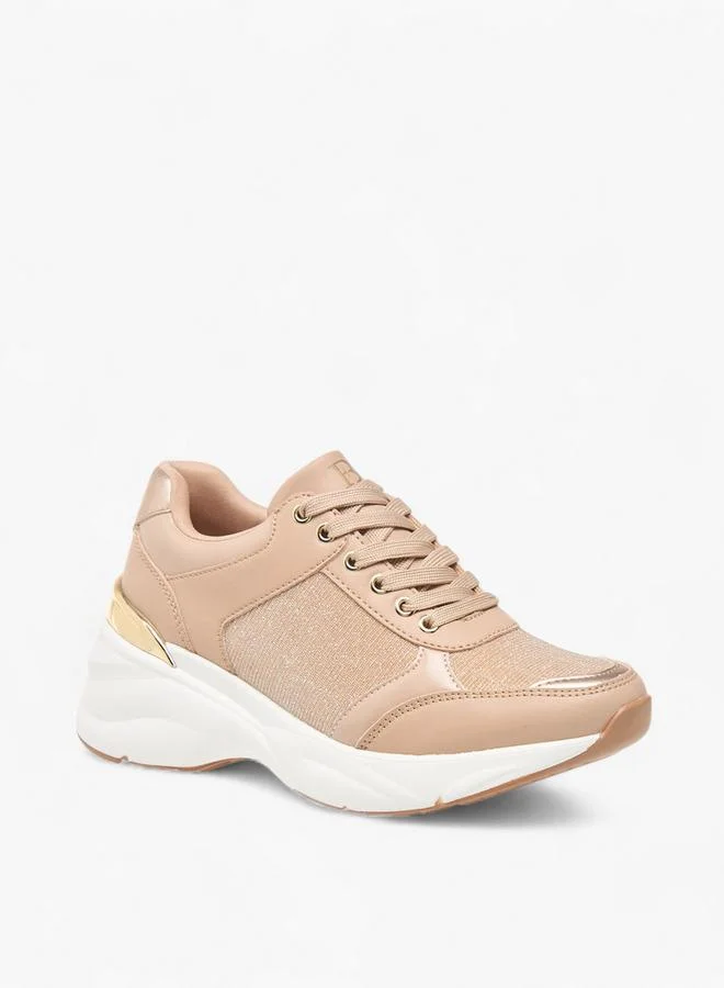 Flora Bella By Shoexpress Women Glitter Textured Sneakers with Lace-Up Closure