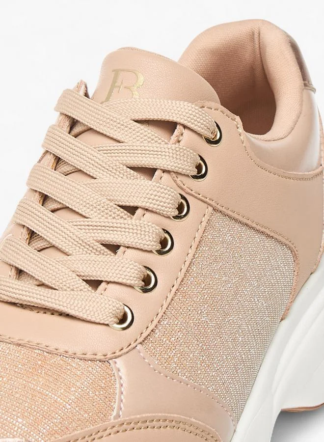 Flora Bella By Shoexpress NUDE Women Glitter Textured Sneakers with Lace-Up Closure for Women | Best Price UAE
