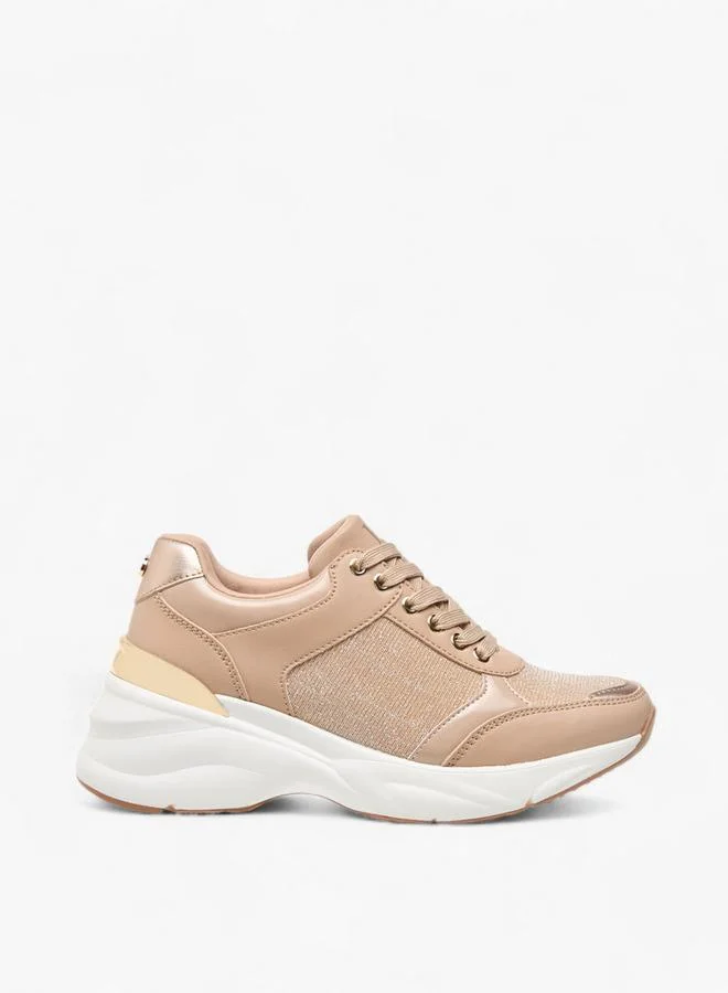 Flora Bella By Shoexpress NUDE Women Glitter Textured Sneakers with Lace-Up Closure for Women | Best Price UAE