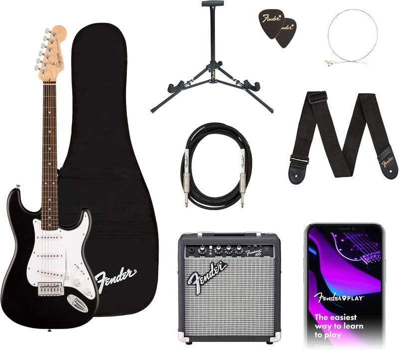 FENDER Fender Squier Debut Series Stratocaster Electric Guitar Kit Beginner Guitar Kit with 2Year Warranty with Padded Gig Bag Frontman 10G Amp Strap and More Includes Free Lessons Black  - Image 1
