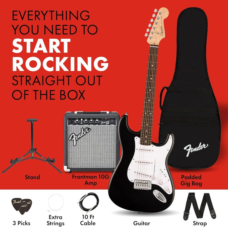 FENDER Fender Squier Debut Series Stratocaster Electric Guitar Kit Beginner Guitar Kit with 2Year Warranty with Padded Gig Bag Frontman 10G Amp Strap and More Includes Free Lessons Black  - Image 2