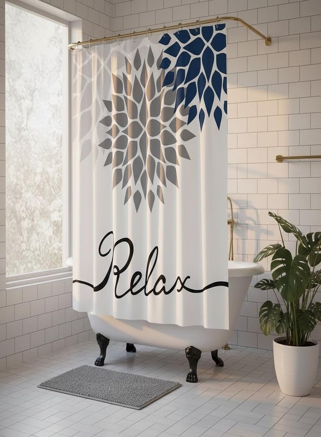 FuShvre Dahlia Shower Curtain Navy Blue and Grey Fabric Curtain Relax Bathroom Curtain for Home Decor Hooks Included 72" x 72" White - Image 3