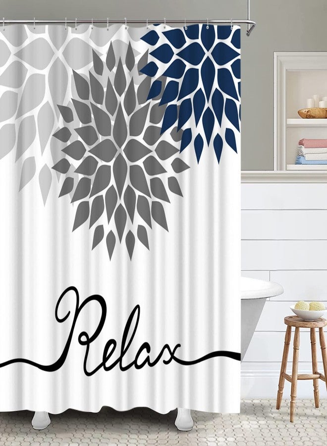 FuShvre Dahlia Shower Curtain Navy Blue and Grey Fabric Curtain Relax Bathroom Curtain for Home Decor Hooks Included 72" x 72" White - Image 4