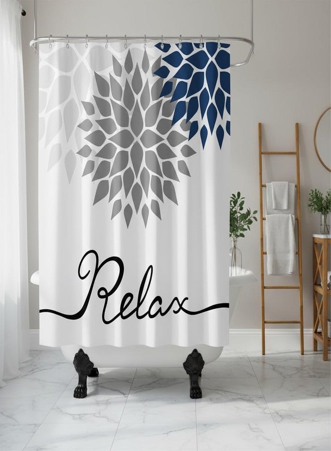 FuShvre Dahlia Shower Curtain Navy Blue and Grey Fabric Curtain Relax Bathroom Curtain for Home Decor Hooks Included 72" x 72" White - Image 2