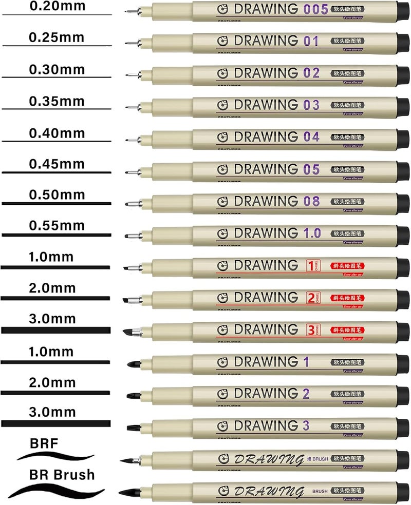 KOUSICOO Muchcute Micro Fineliner Drawing Art Pens: 16 Black Fine Line Waterproof Ink Set Artist Supplies Archival Inking Markers Liner Professional Sketch Outline Anime Sketching Watercolor Zentangle Stuff - Image 2