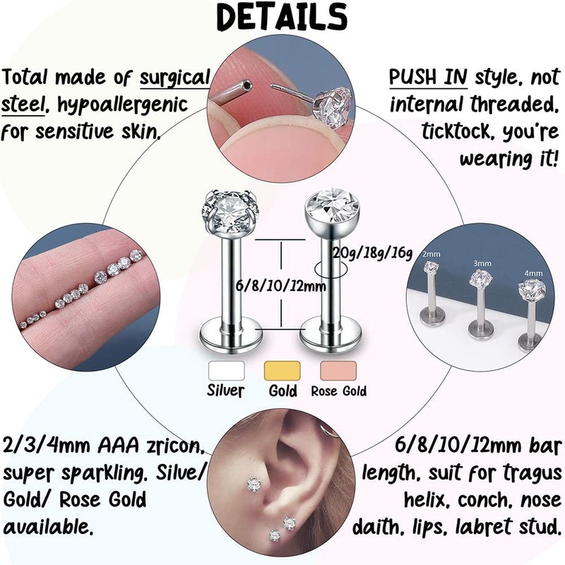 PunkTracker 16g/18g/20g Threadless Lip Rings Tragus Earrings Surgical Steel Helix Conch Cartilage Earrings Monroe Piercing Jewelry for Women Men Labret Studs - Image 2