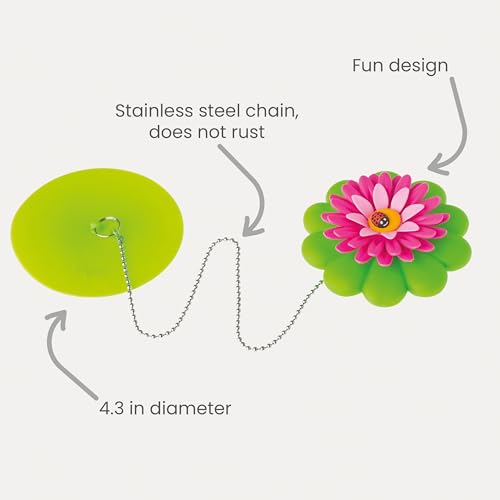 Vigar Flower Power Bathtub Drain Stopper, Tub Stopper with Chain and Daisy-shaped Floaty, 4-1/10 Inches, Perfect Bathroom Accessories, Pink, Green - Image 3