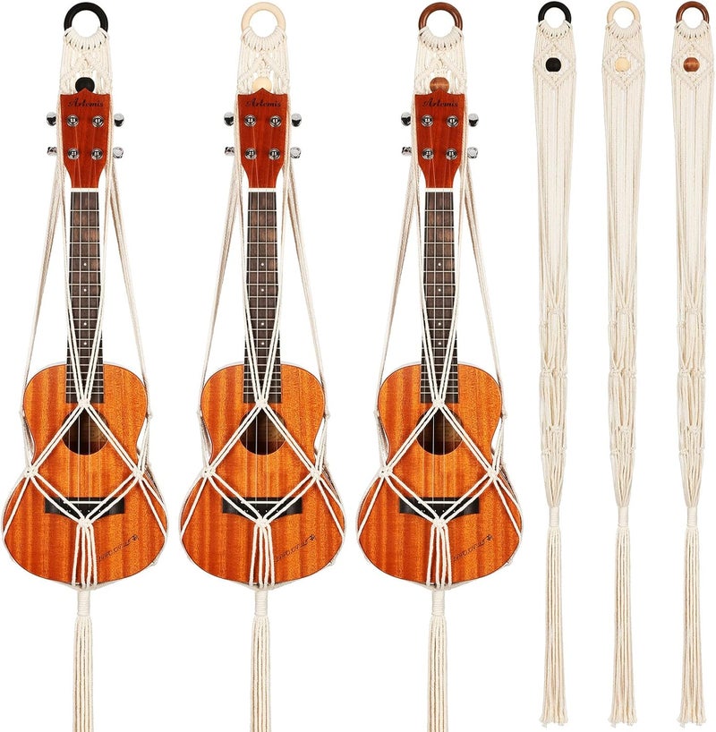 Woanger 3 Pieces Macrame Ukulele Hanger Wall Mount 21 to 24 Inches Boho Hanging Stand Holder for Soprano Case Wall Decor Alternative Kit Black Ring and Wooden Bead - Image 1