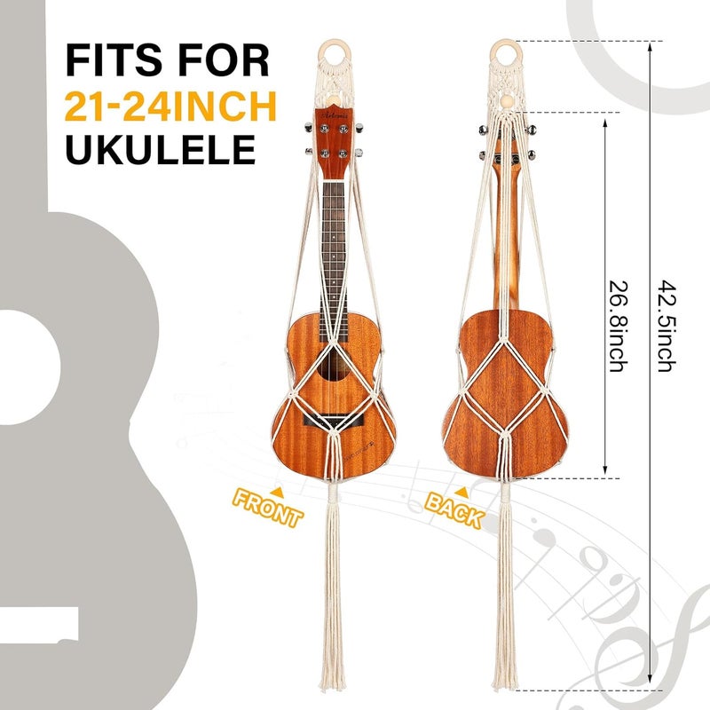 Woanger 3 Pieces Macrame Ukulele Hanger Wall Mount 21 to 24 Inches Boho Hanging Stand Holder for Soprano Case Wall Decor Alternative Kit Black Ring and Wooden Bead - Image 2