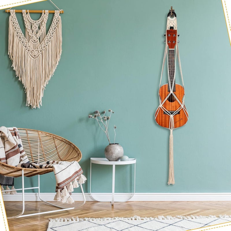 Woanger 3 Pieces Macrame Ukulele Hanger Wall Mount 21 to 24 Inches Boho Hanging Stand Holder for Soprano Case Wall Decor Alternative Kit Black Ring and Wooden Bead - Image 4