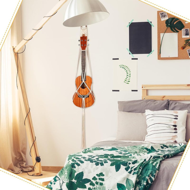 Woanger 3 Pieces Macrame Ukulele Hanger Wall Mount 21 to 24 Inches Boho Hanging Stand Holder for Soprano Case Wall Decor Alternative Kit Black Ring and Wooden Bead - Image 5