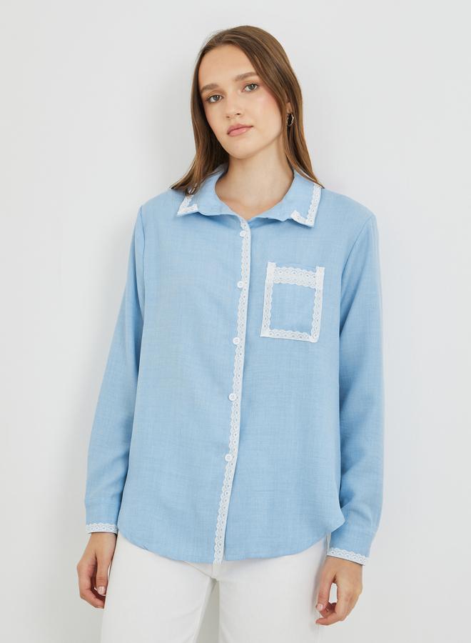 تايك تو قميص بأكمام طويلة مزين بالدانتيل بلون سادة مقاس كبير - Image 1