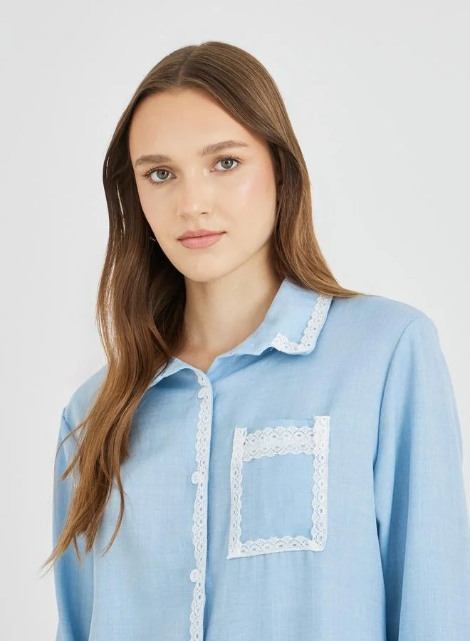 Take Two Take Two Solid Lace Trim Long Sleeves Oversize Shirt