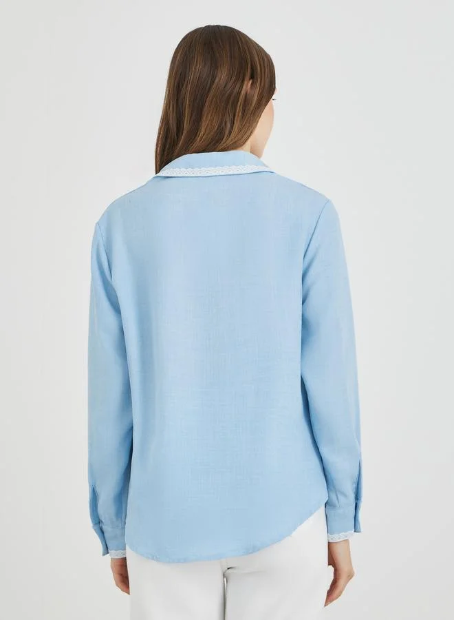 Take Two Take Two Solid Lace Trim Long Sleeves Oversize Shirt