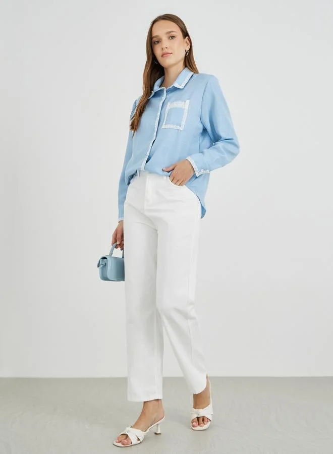 تايك تو قميص بأكمام طويلة مزين بالدانتيل بلون سادة مقاس كبير