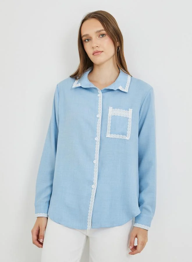 تايك تو قميص بأكمام طويلة مزين بالدانتيل بلون سادة مقاس كبير