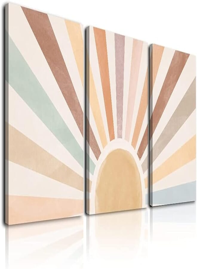 Boho Sun Wall Art Set of 3, Framed Canvas Wall Art Rainbow Sun Rising on the Horizon Geometric Nature Illustrations Line Art Wall, Mid-Century Modern Prints Boho Wall Decor for Living Room, Bedroom,