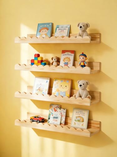 icnjdMopclean Scalloped Shelves for Nursery Wall Book Shelves for Bedroom Kids Nursery Bookshelf for Wall Set of 4 Floating Book Shelves Solid Wood16 Inch Natural