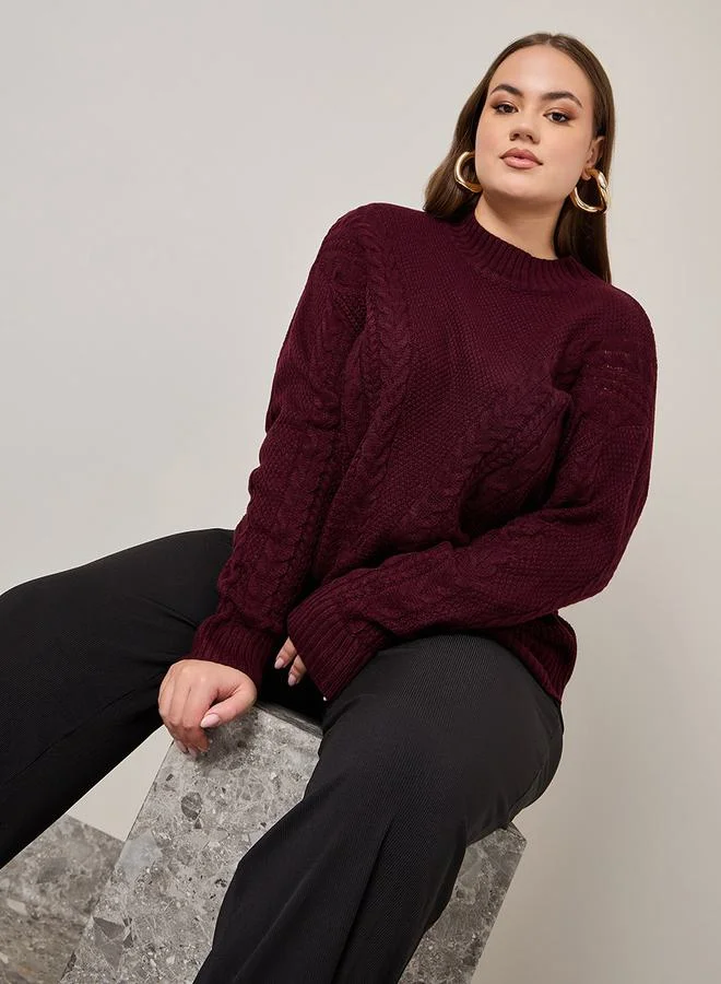 Styli Solid Round Neck Cable Knit Sweater