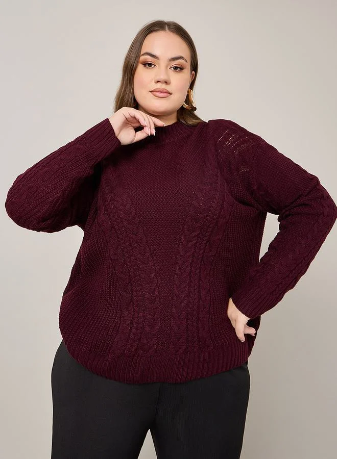 Styli Solid Round Neck Cable Knit Sweater