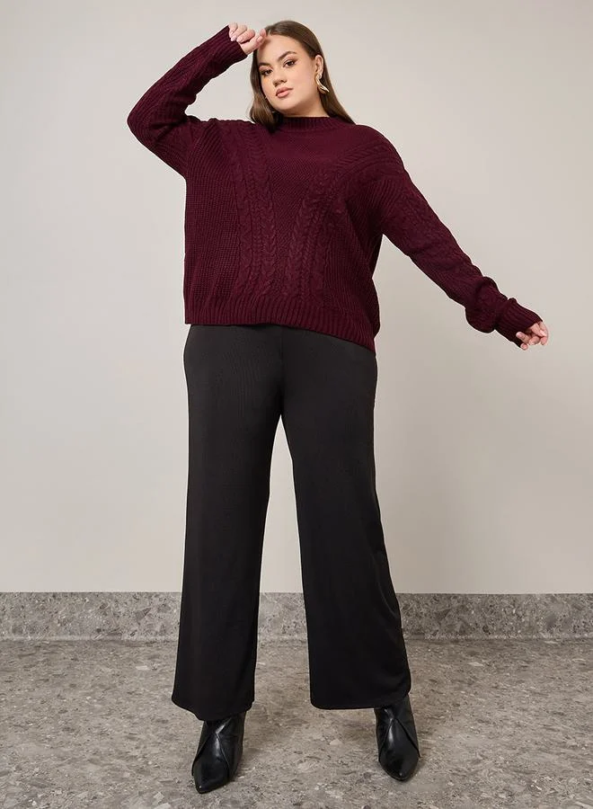 Styli Solid Round Neck Cable Knit Sweater