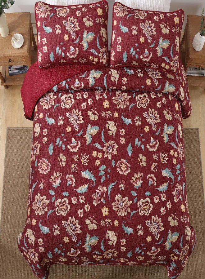 Cottolester Floral Quilt Set King，Red Floral Bedspread Coverlet Bedding,Soft Lightweight Spring Summer Farmhouse Plant Bed Cover Sets for All Season104 x90 - Image 2