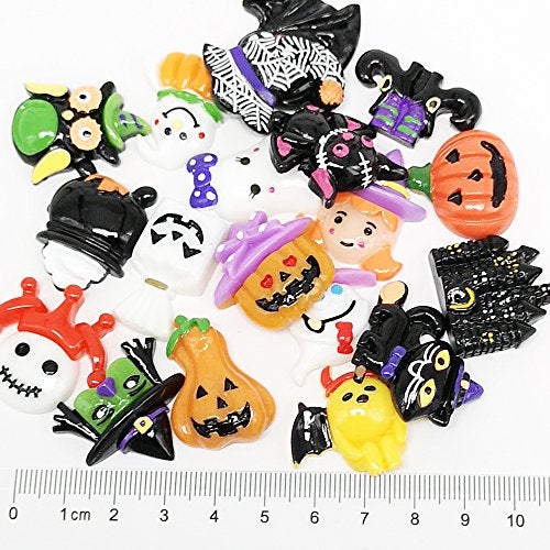 Chenkou Craft Random 20pcs Mix Lots Resin Flatback Flat Back Halloween Craft Embellishment Wizard Pumpkin Lantern Ghost Spider Skull Castle+Clear Box (20) - Image 3
