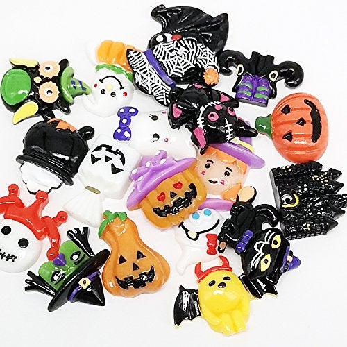 Chenkou Craft Random 20pcs Mix Lots Resin Flatback Flat Back Halloween Craft Embellishment Wizard Pumpkin Lantern Ghost Spider Skull Castle+Clear Box (20) - Image 2