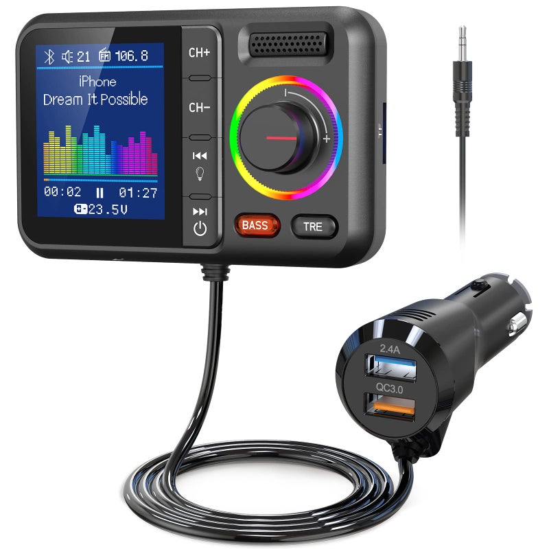 Nulaxy Bluetooth FM Transmitter for Car, Wireless Car Bluetooth V5.0 Adapter with Big Color Screen, Support QC3.0 Fast Charging, Hands-Free Call, MP3 Music Player BASS&TRE Booster, TF Card AUX-KM28 - Image 1