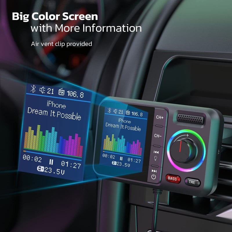 Nulaxy Bluetooth FM Transmitter for Car, Wireless Car Bluetooth V5.0 Adapter with Big Color Screen, Support QC3.0 Fast Charging, Hands-Free Call, MP3 Music Player BASS&TRE Booster, TF Card AUX-KM28 - Image 2