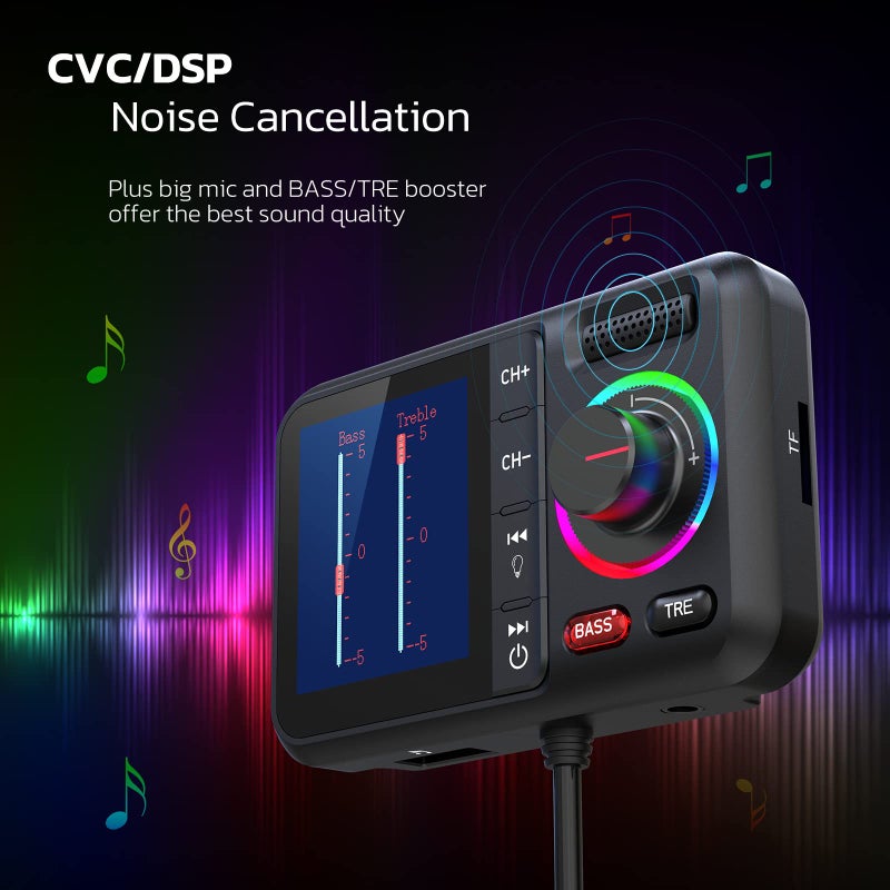 Nulaxy Bluetooth FM Transmitter for Car, Wireless Car Bluetooth V5.0 Adapter with Big Color Screen, Support QC3.0 Fast Charging, Hands-Free Call, MP3 Music Player BASS&TRE Booster, TF Card AUX-KM28 - Image 5