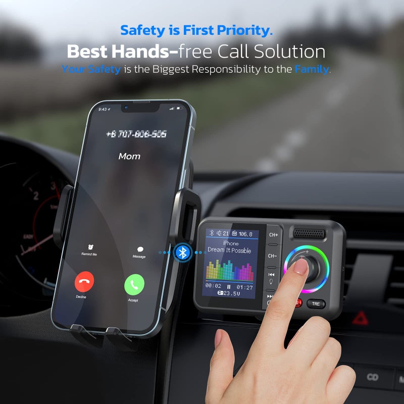 Nulaxy Bluetooth FM Transmitter for Car, Wireless Car Bluetooth V5.0 Adapter with Big Color Screen, Support QC3.0 Fast Charging, Hands-Free Call, MP3 Music Player BASS&TRE Booster, TF Card AUX-KM28 - Image 4