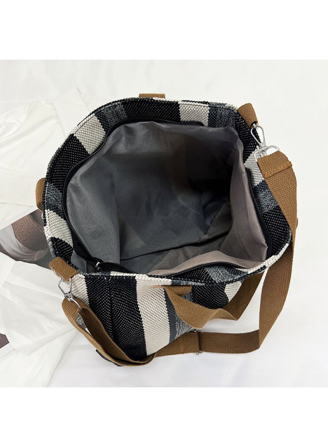 Striped Large Capacity Women's Bag 2024 Fashion Commuter Casual Western Style Portable Tote Shoulder Messenger Bag-Color:Black - Image 5